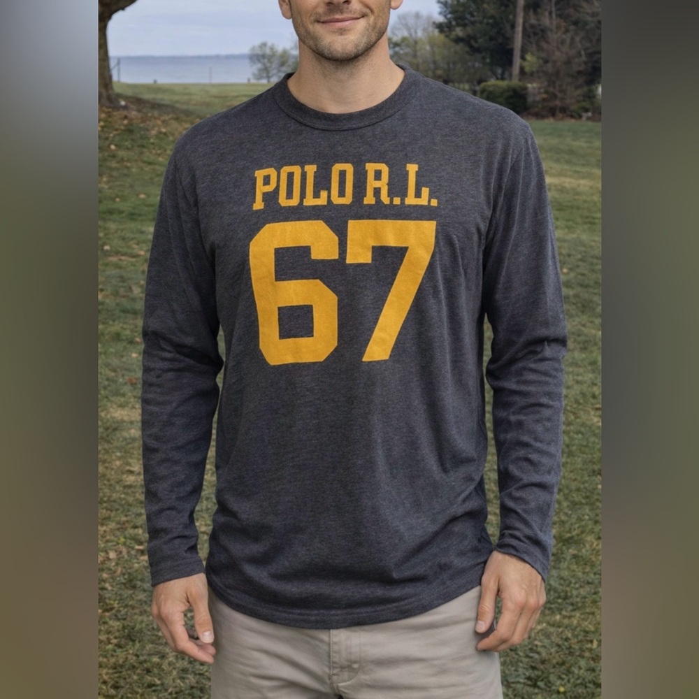 Polo Ralph Lauren Grey Polo R,L, 67 Grey Crewneck L/S Tee/Pullover Men's Large